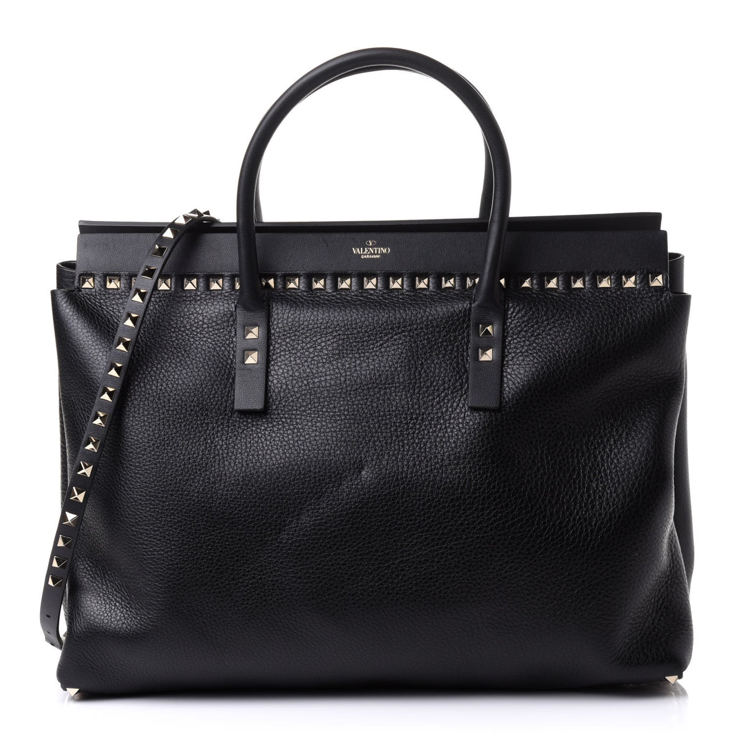 Grained Calfskin Rockstud Flip Lock Briefcase Tote Black