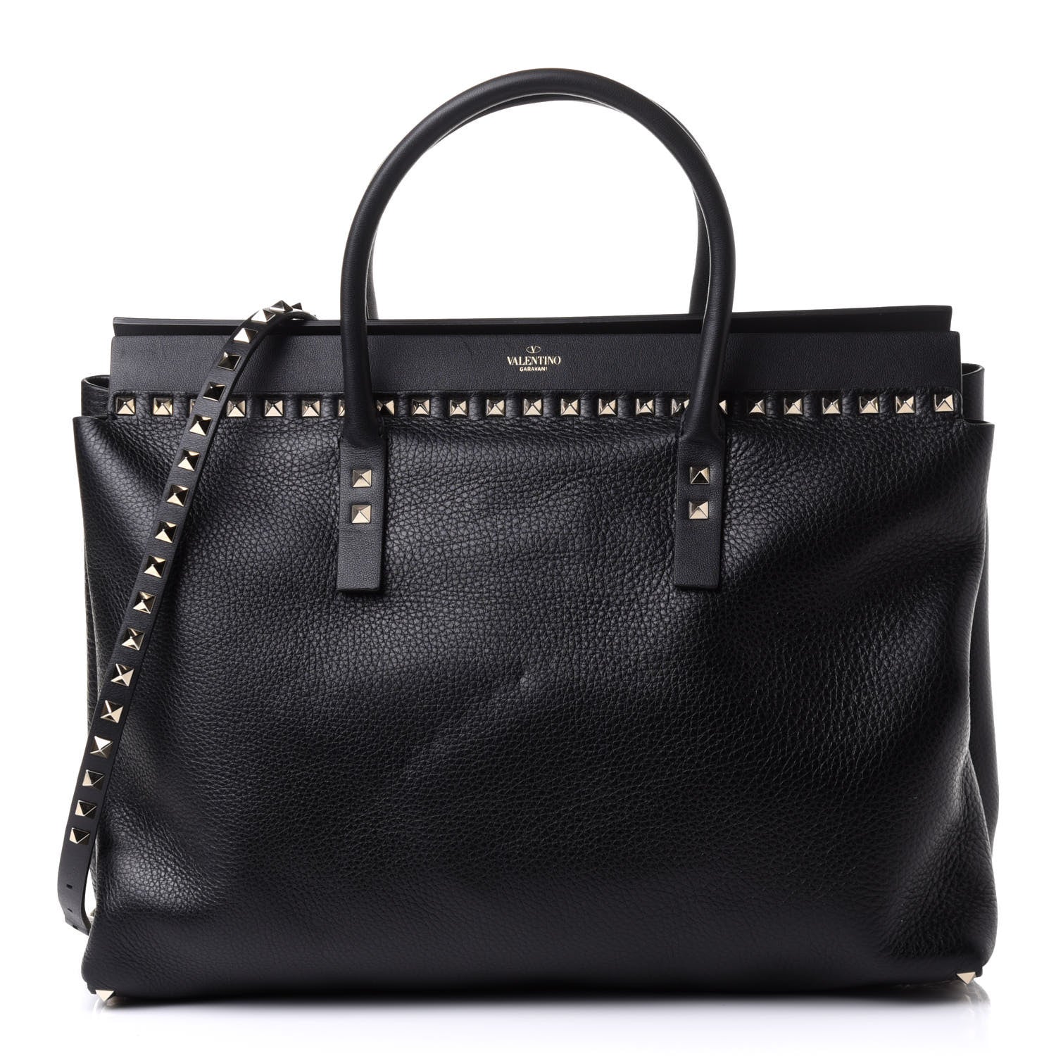 Valentino Garavani Grained Calfskin Rockstud Flip Lock Briefcase Tote Black 1 of 9