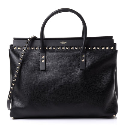 Valentino Garavani Grained Calfskin Rockstud Flip Lock Briefcase Tote Black 1 of 9