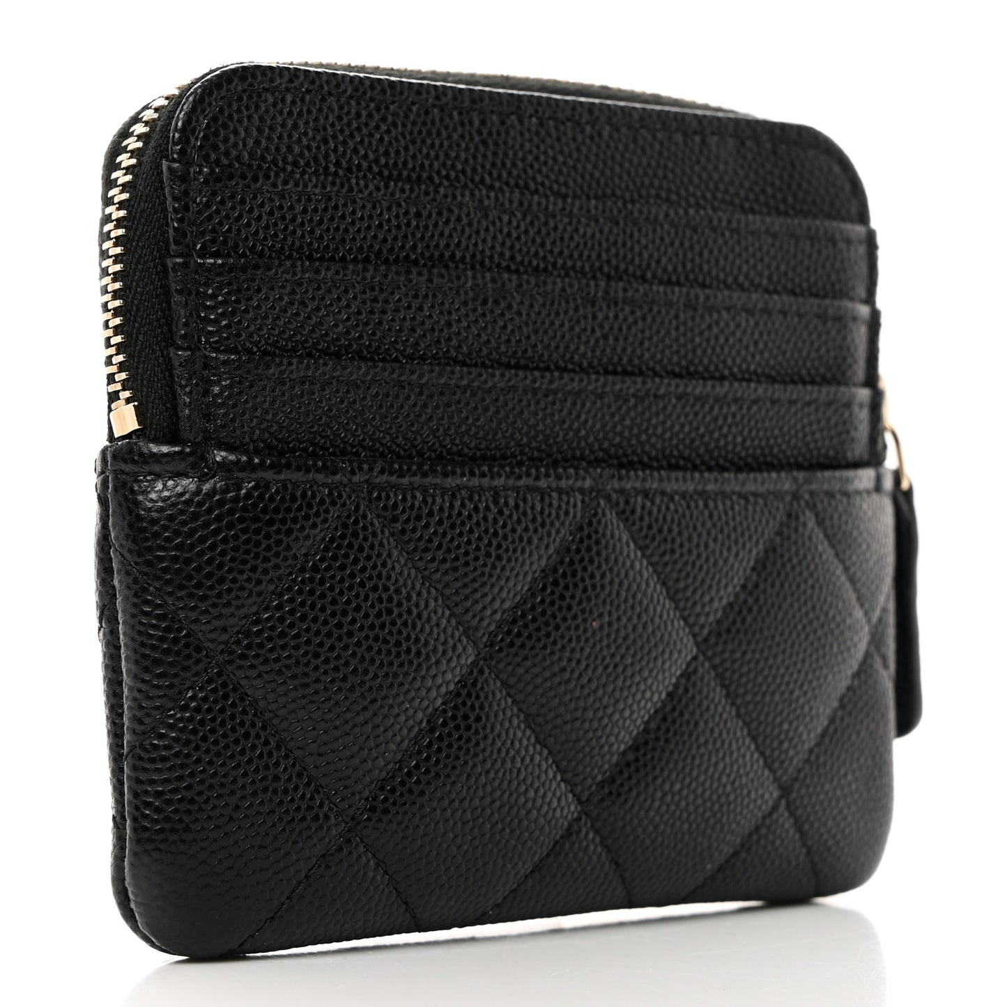 Caviar Quilted Crystal Zip Card Holder Wallet Black