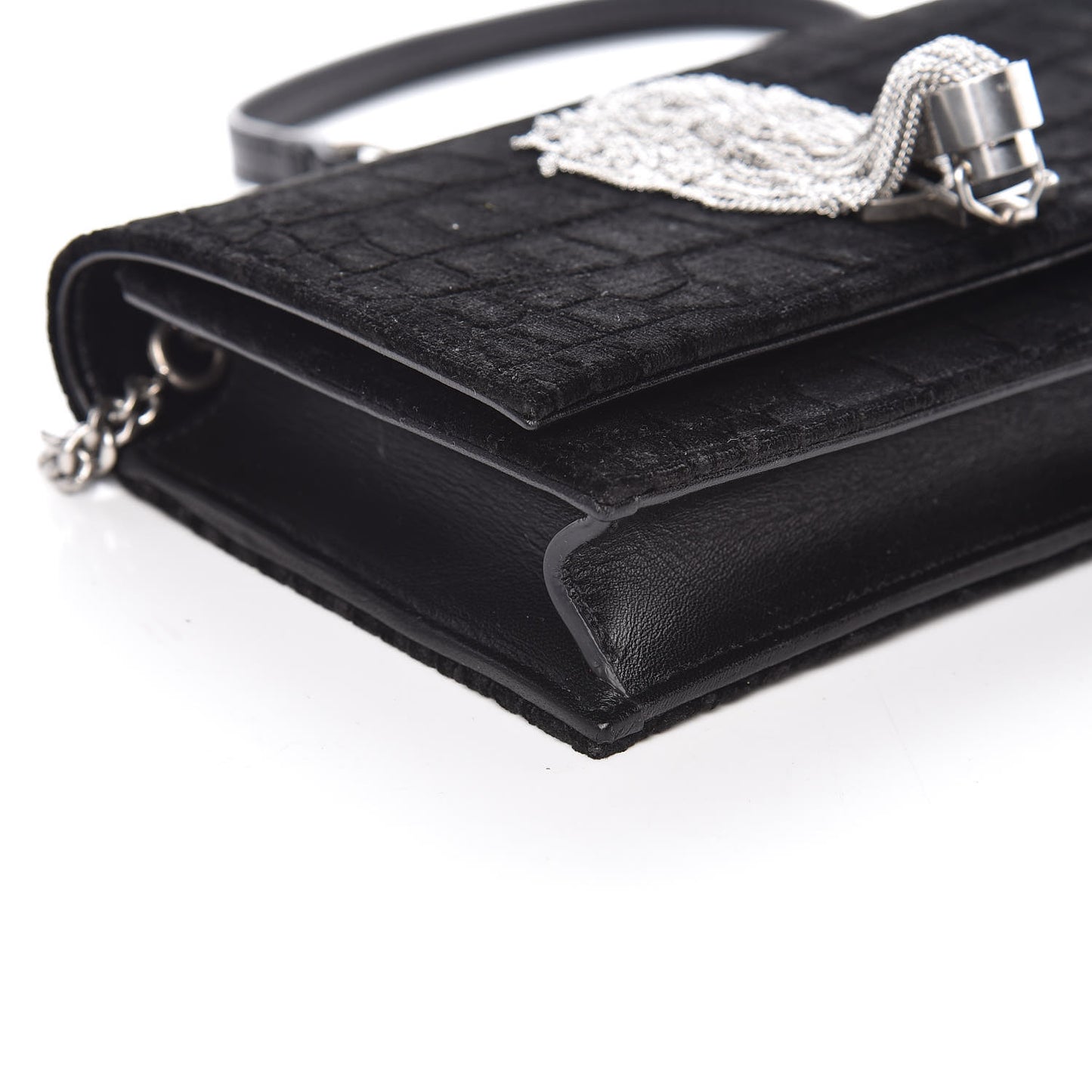 Suede Crocodile Embossed Monogram Tassel Chain Wallet Black Silver