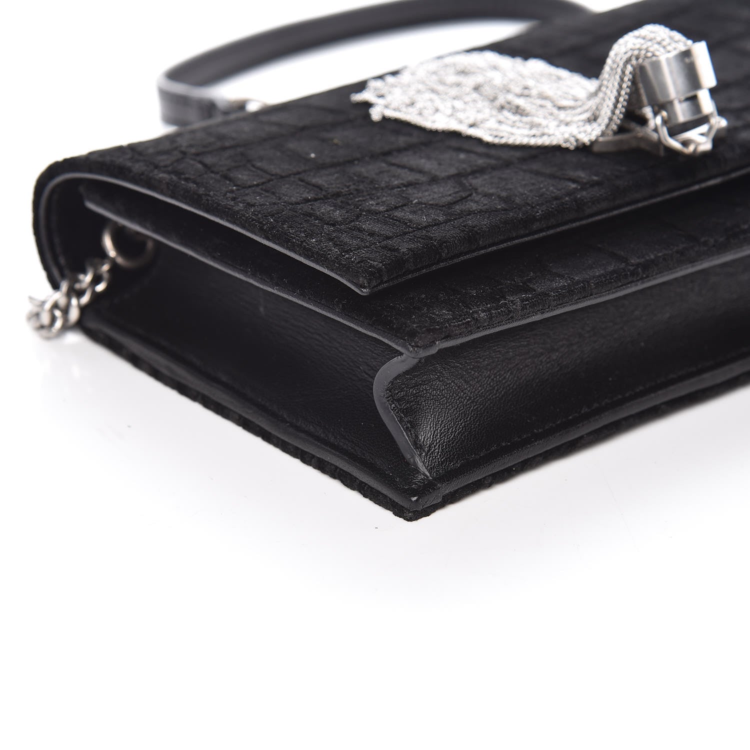 Saint Laurent Suede Crocodile Embossed Monogram Tassel Chain Wallet Black Silver 5 of 8