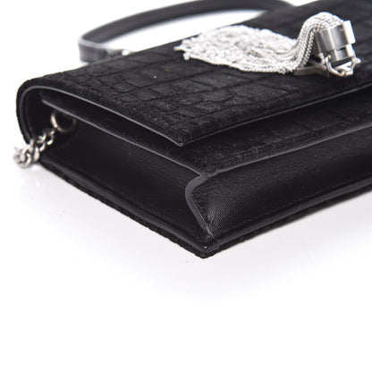 Saint Laurent Suede Crocodile Embossed Monogram Tassel Chain Wallet Black Silver 5 of 8