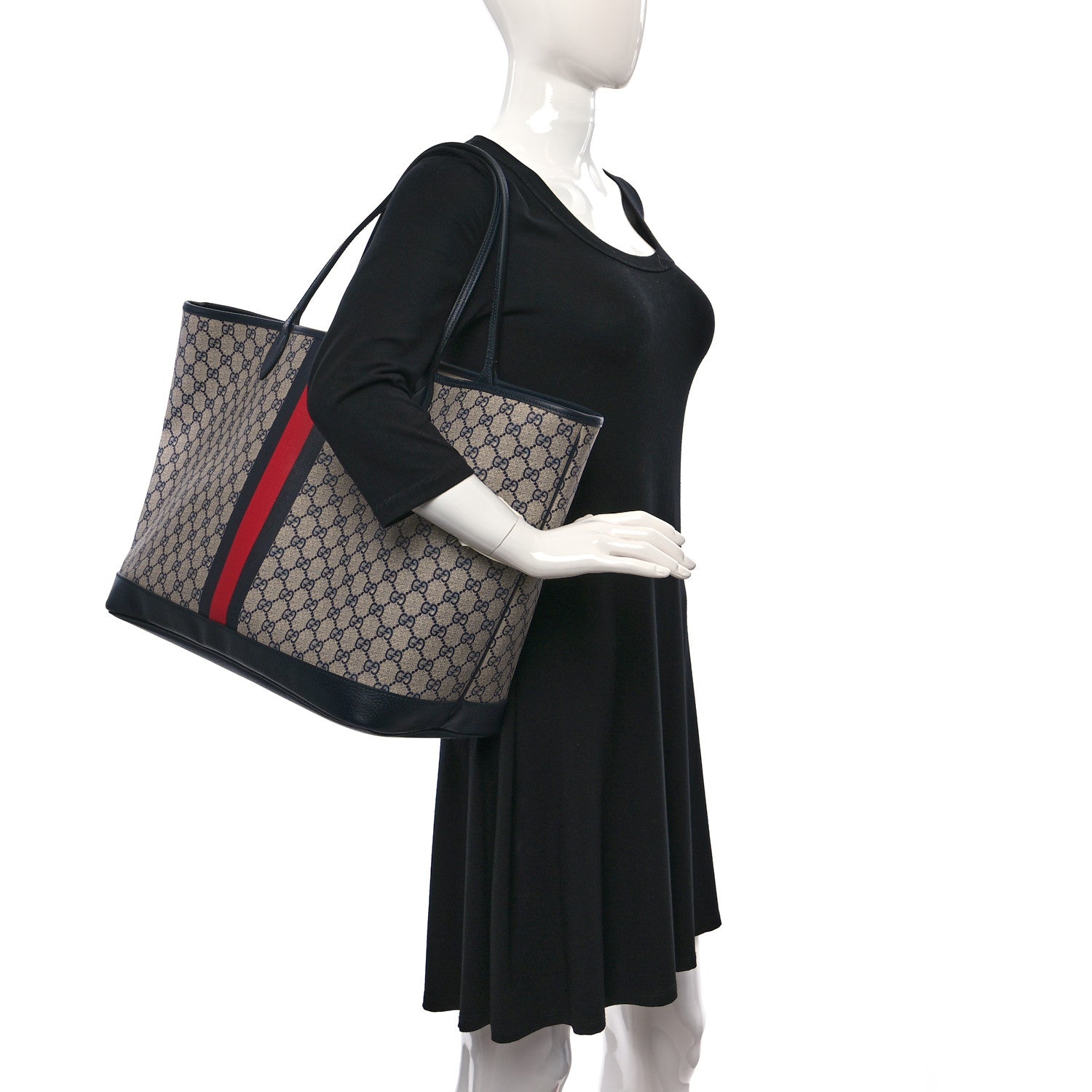 Gucci GG Supreme Monogram Textured Dollar Calfskin Web Large Ophidia Tote Beige Blue 2 of 10