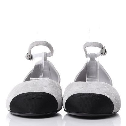 Chanel Suede Grosgrain Cap Toe CC Ankle Strap Sandals 39.5 Grey Black 2 of 10
