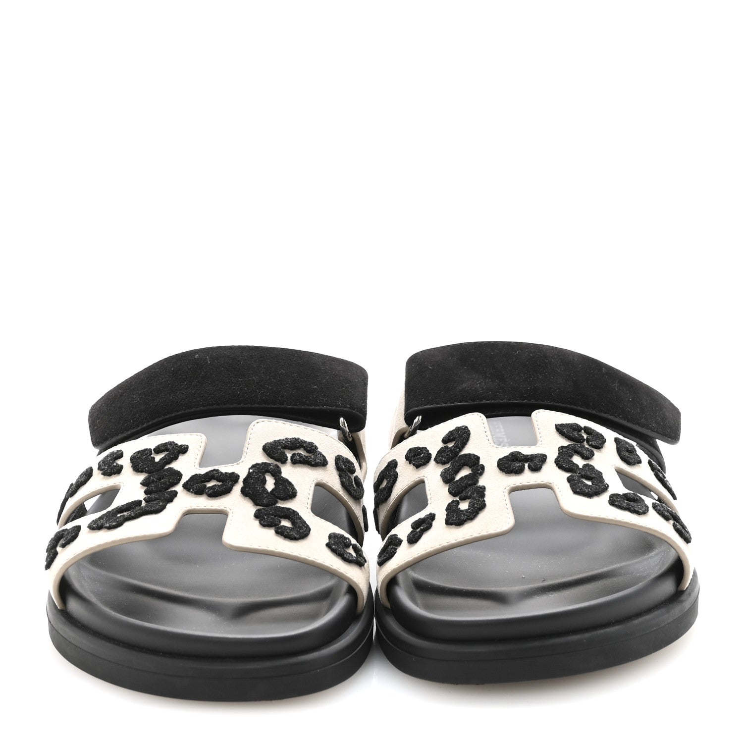 Hermes Suede Goatskin Womens Tufted Leopard Chypre Sandals  38 Beige Esquisse Black 3 of 9