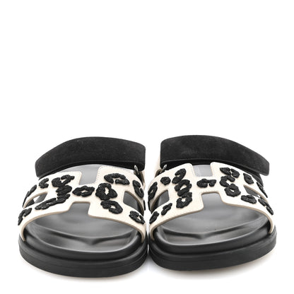 Hermes Suede Goatskin Womens Tufted Leopard Chypre Sandals  38 Beige Esquisse Black 3 of 9