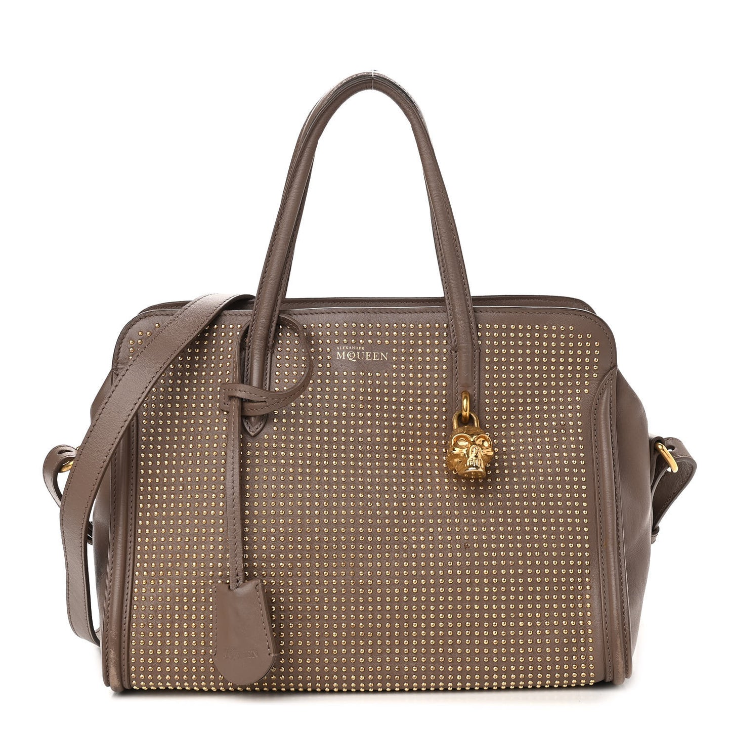 Calfskin Small Studded Padlock Zip Around Tote Taupe