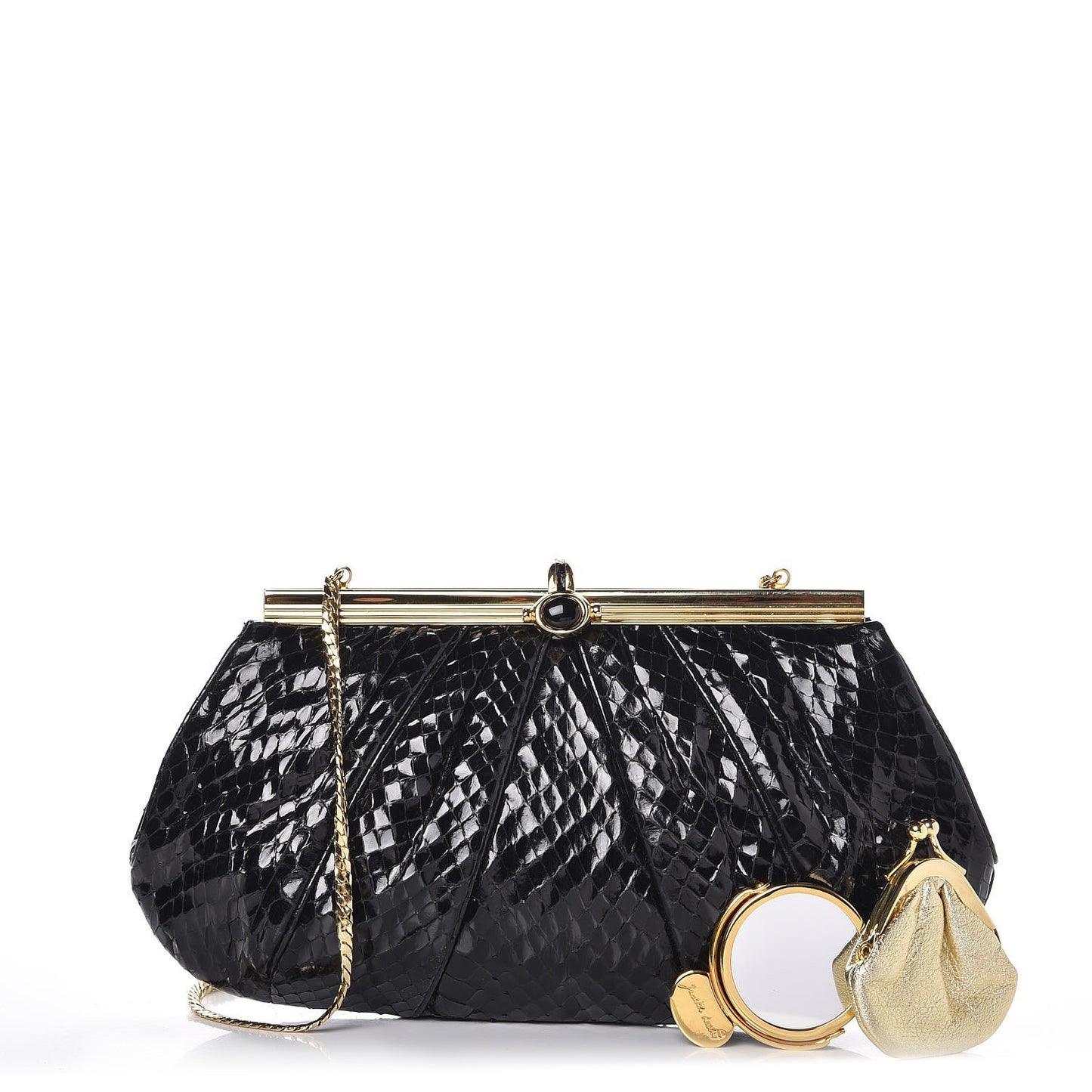Glazed Snakeskin Pleated Evening Bag Black