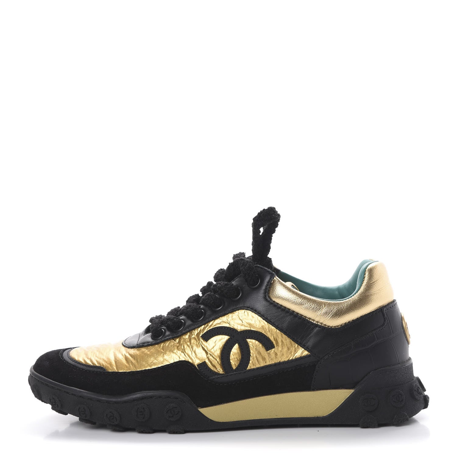 Chanel Metallic Fabric Calfskin Suede Crocodile Embossed CC Sneakers 36.5 Black Gold 1 of 9
