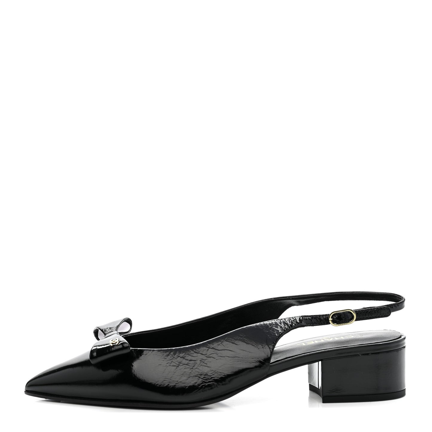 Crumpled Patent Calfskin CC Bow Slingback Pumps 38.5 Black