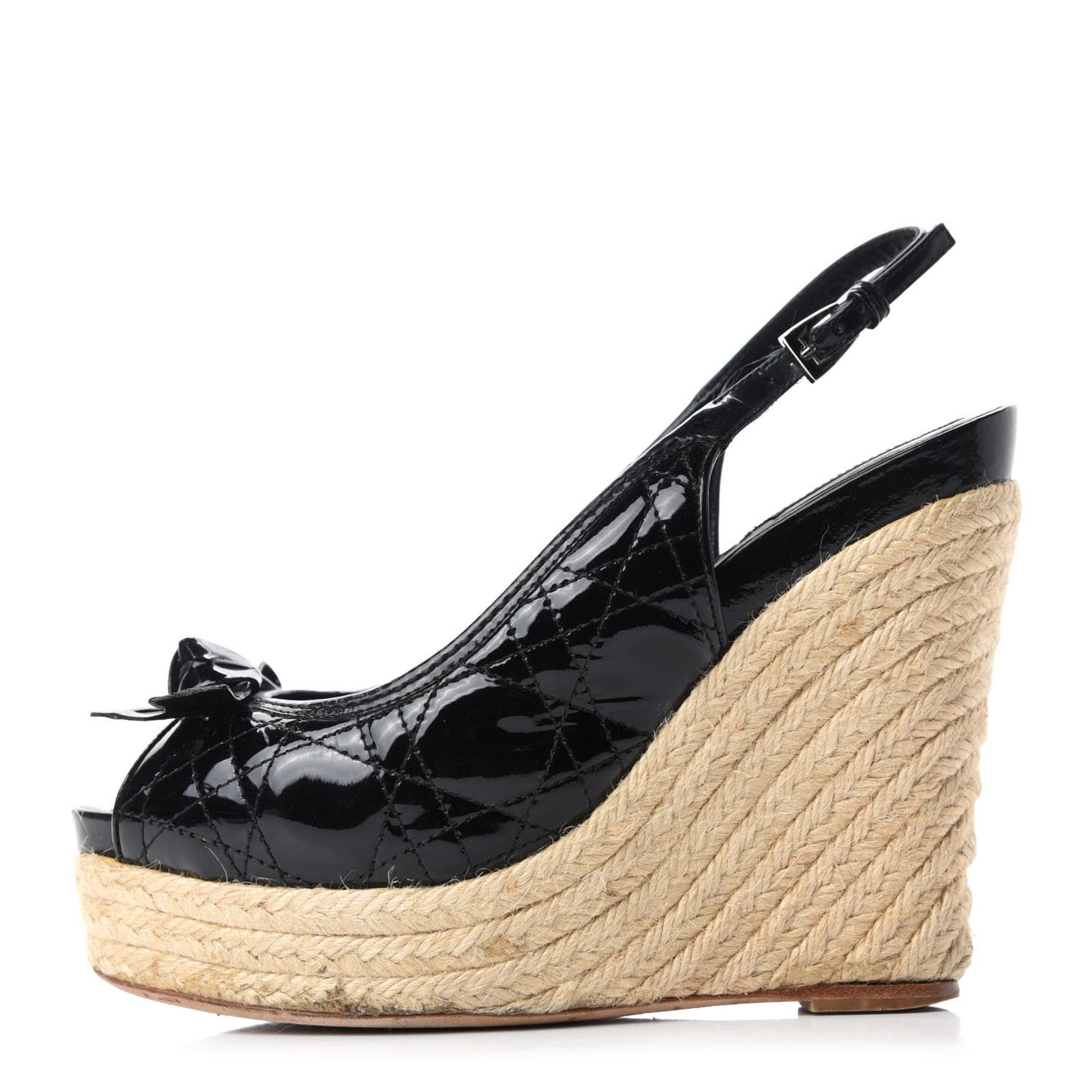 Patent Cannage Ribbon Wedge Sandals 38.5 Black