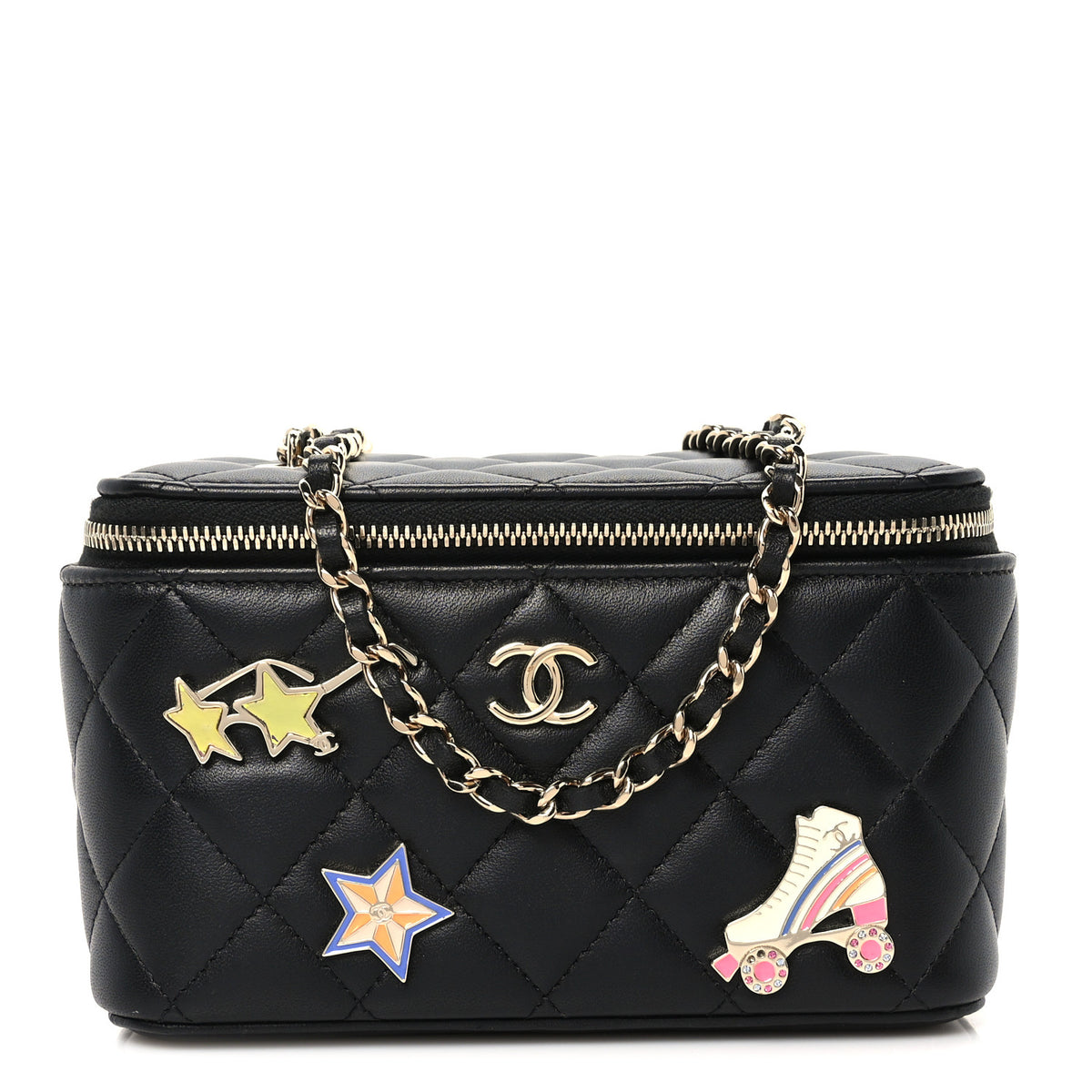 Lambskin Enamel Quilted Roller Skate Small Vanity Case With Chain Black