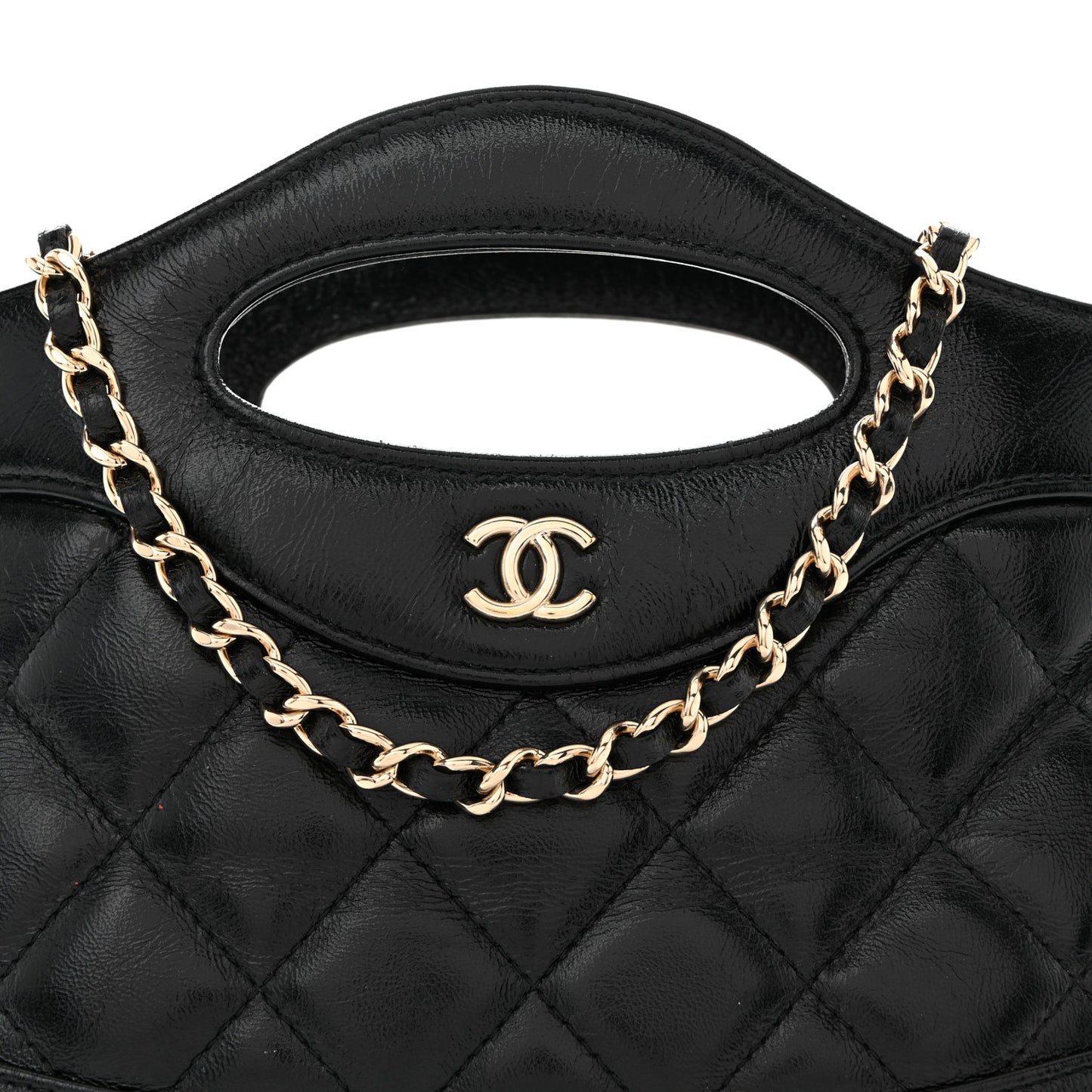 Shiny Crumpled Calfskin Quilted Nano 31 Shopping Bag Black