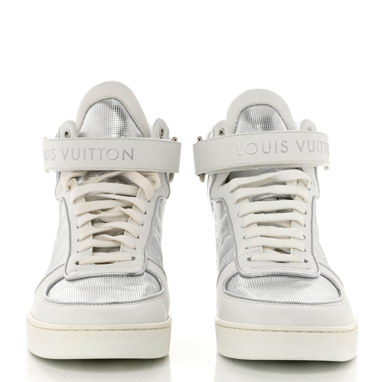 Metallic Calfskin Embossed Monogram Boombox Sneakers 37.5 White Silver
