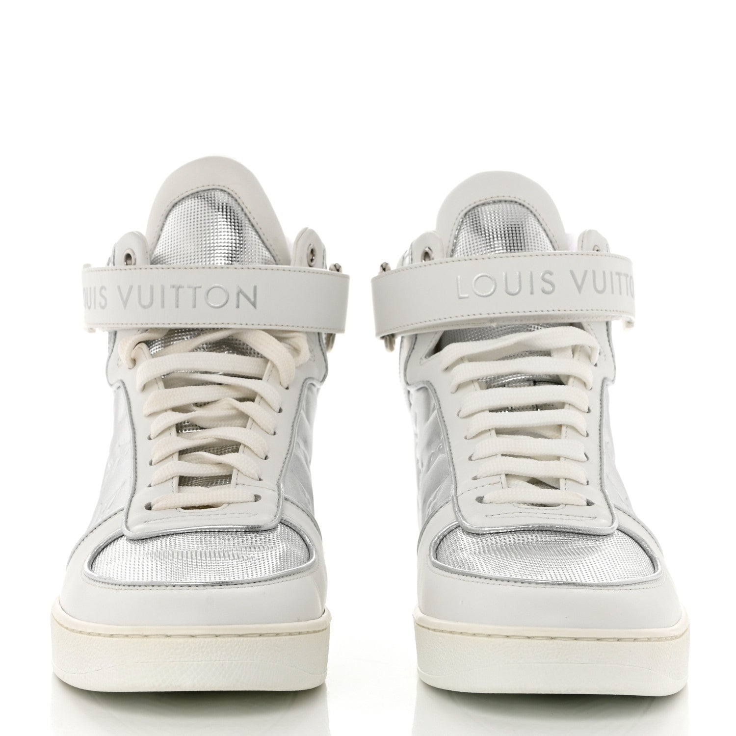 Louis Vuitton Metallic Calfskin Embossed Monogram Boombox Sneakers 37.5 White Silver 2 of 9