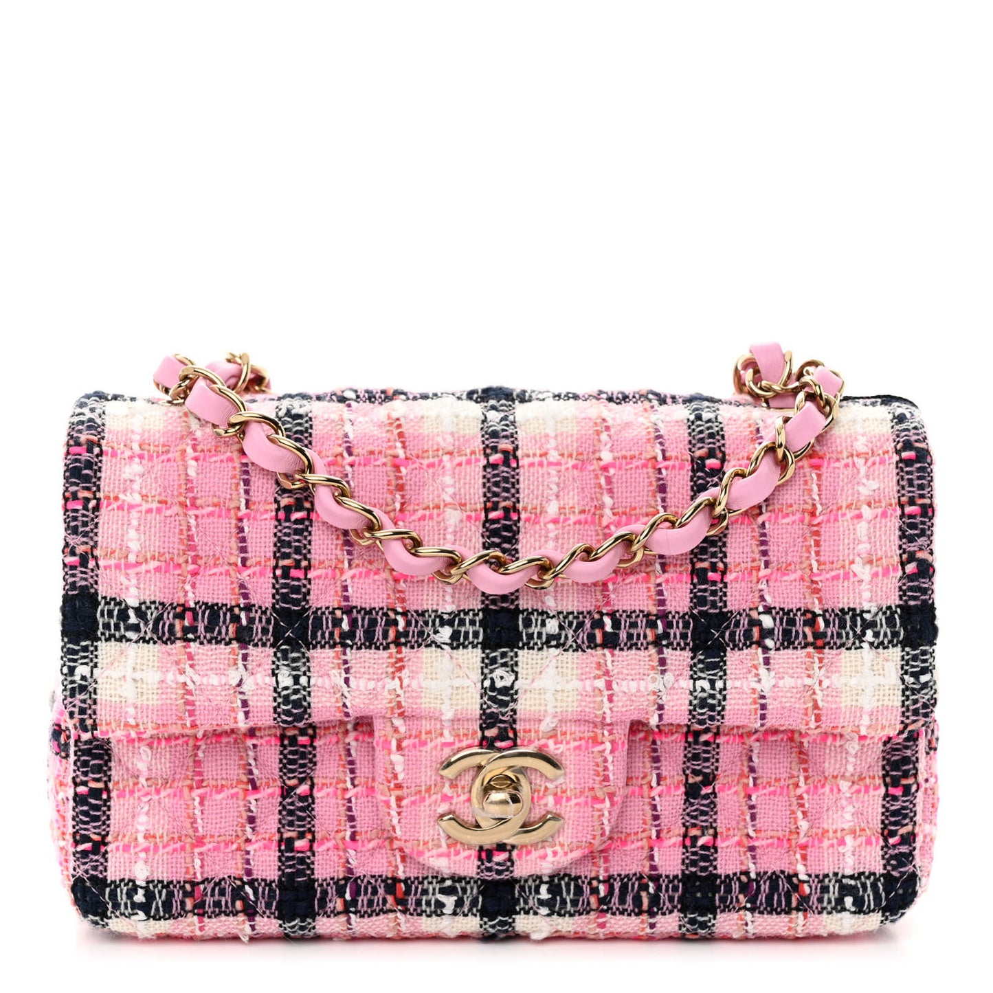 Metallic Tweed Quilted Mini Rectangular Flap Pink Navy White