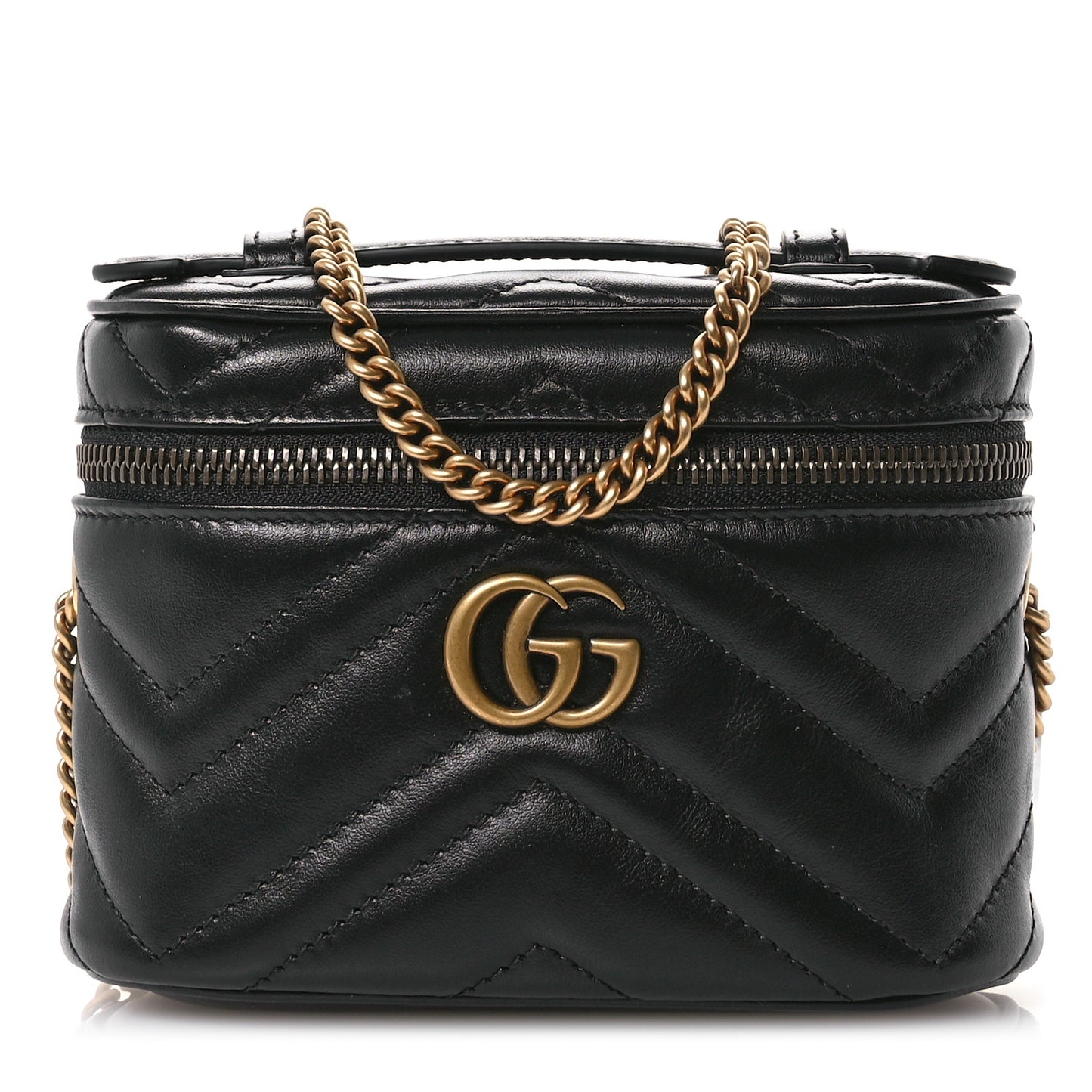 Calfskin Matelasse Chevron Mini GG Marmont Top Handle Bag Black
