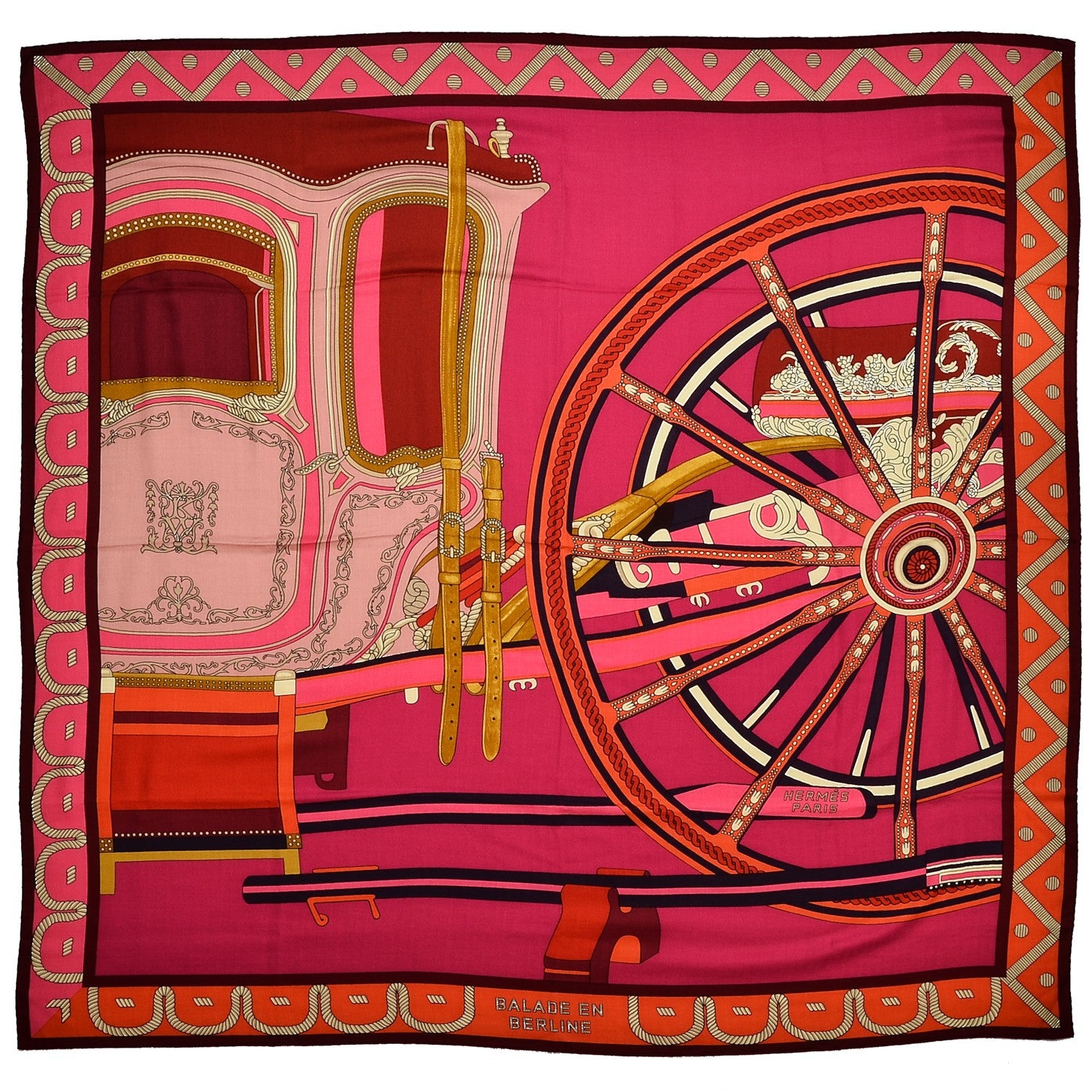 Hermes Cashmere Silk Balade En Berline Shawl 140 Fuchsia Orange Rose Pale 1 of 7