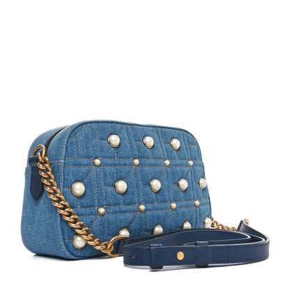 Gucci Denim Matelasse Pearl Studded Small GG Marmont Chain Shoulder Bag Blue 3 of 10
