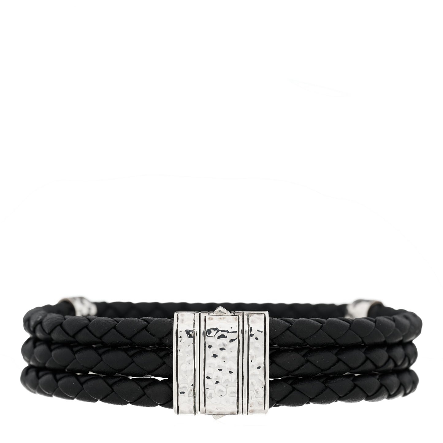 Sterling Silver Leather Three Row Braided Hammered Bracelet Black