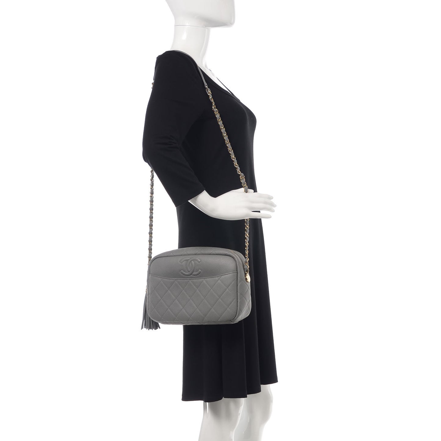 Iridescent Caviar Flat Quilted Small Coco Tassel Camera Case Grey