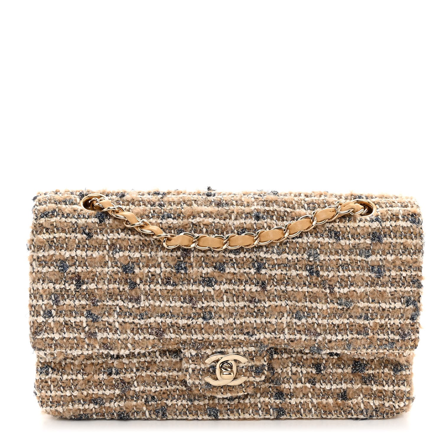 Chanel Tweed Quilted Medium Double Flap Beige Gold Multicolor 1 of 10