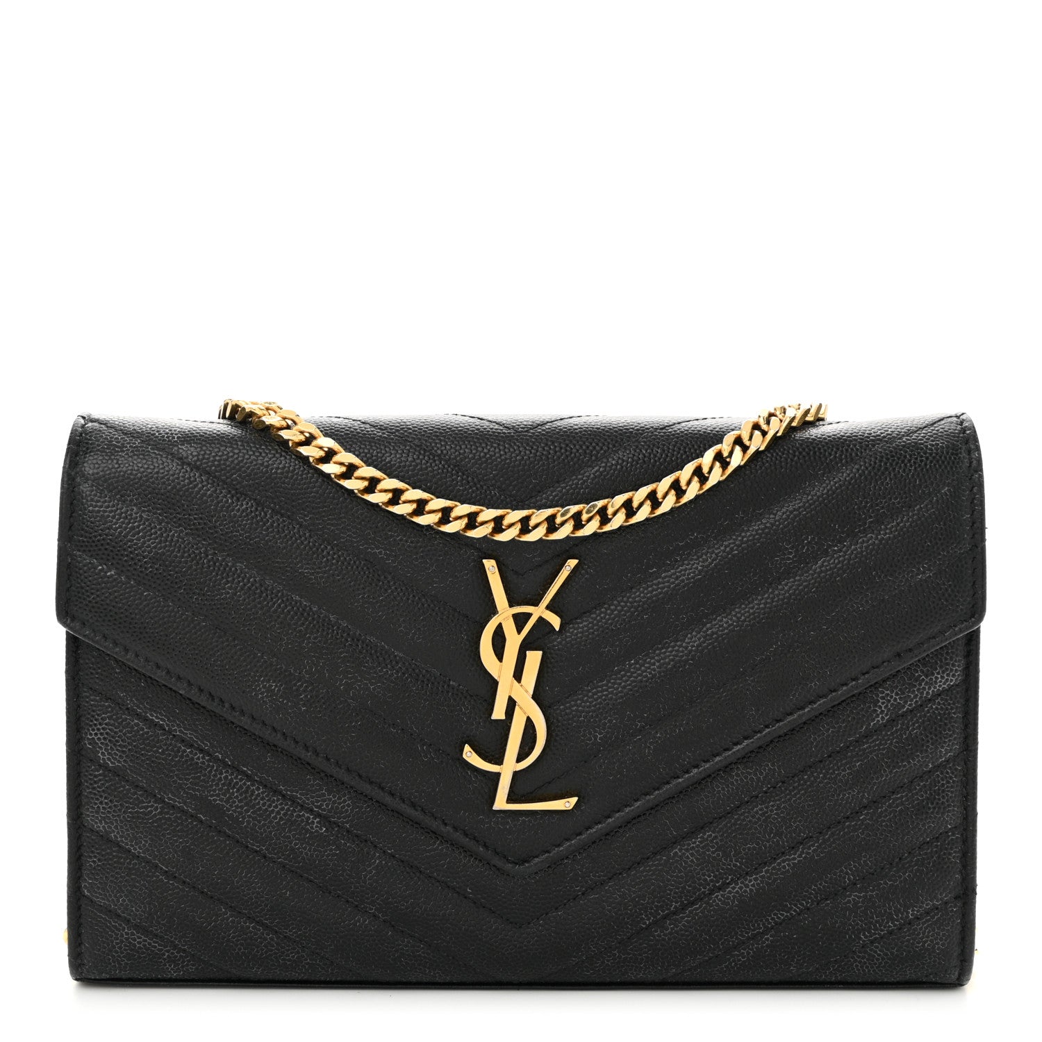 Saint Laurent Grain De Poudre Matelasse Chevron Monogram Chain Wallet Black 1 of 13