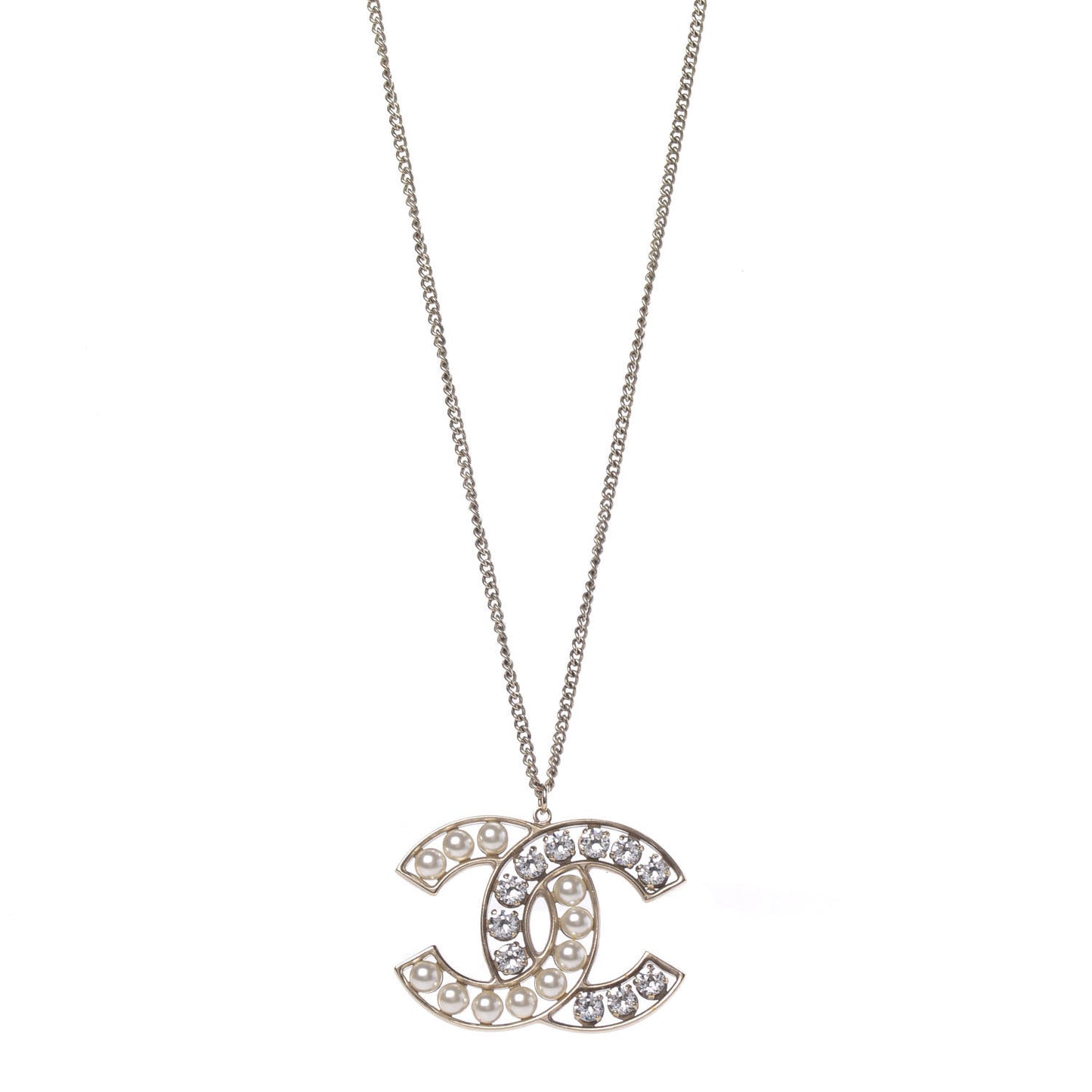 Crystal Pearl CC Pendant Necklace Gold