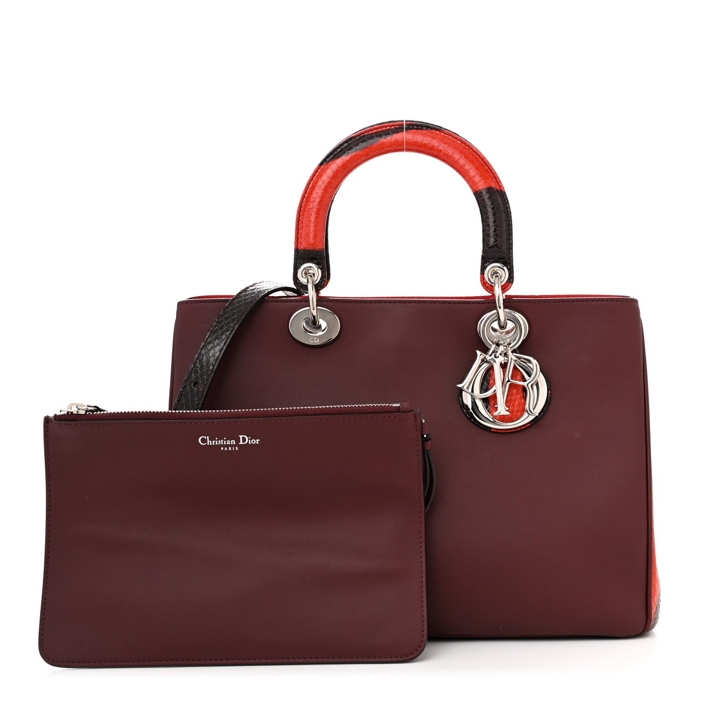 Calfskin Snakeskin Medium Diorissimo Tote Burgundy Red
