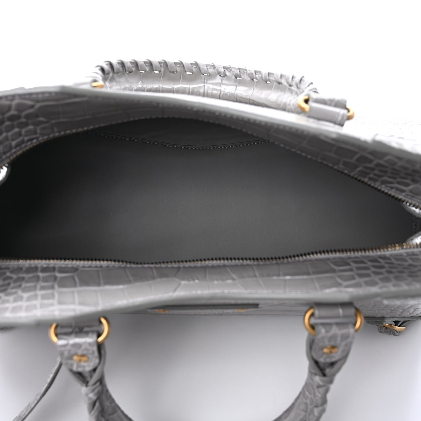 Shiny Supple Calfskin Crocodile Embossed Brass Hardware Neo Classic City Steel Grey