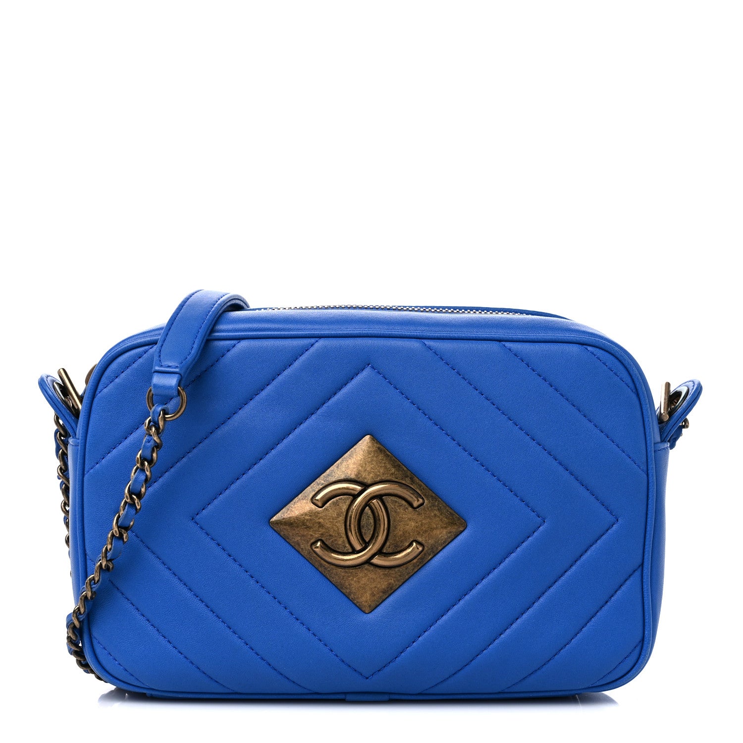 Chanel Lambskin Chevron Quilted Pyramid CC Camera Case Blue 1 of 13