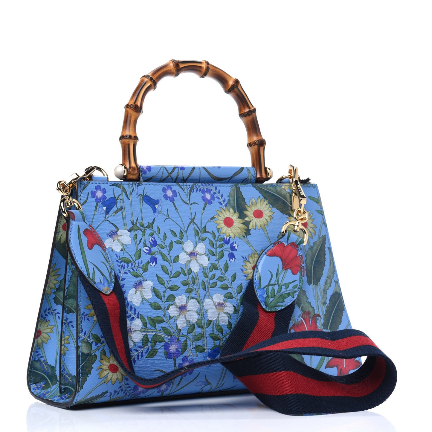 Calfskin Bamboo Web New Flora Small Nymphaea Top Handle Bag Azure