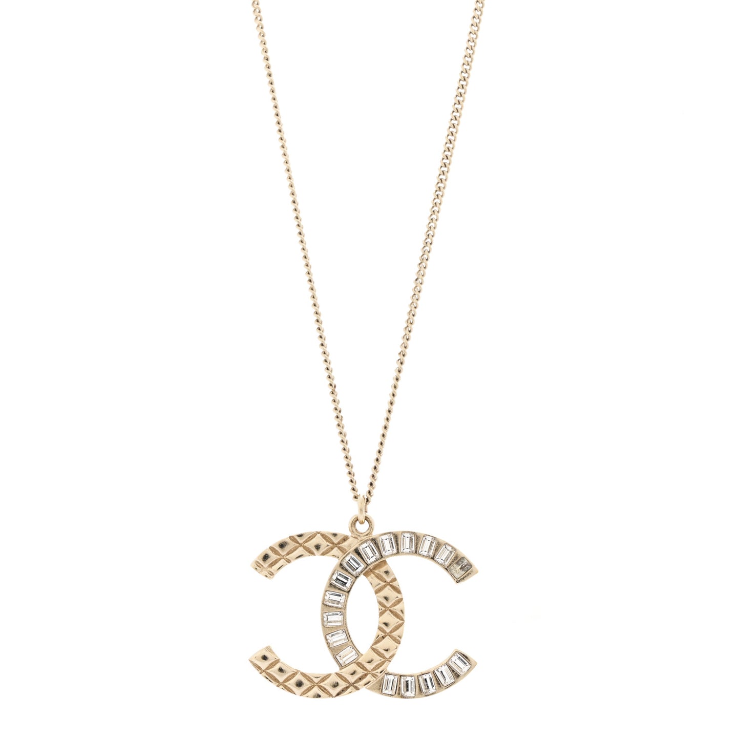 Baguette Crystal Quilted CC Pendant Necklace Gold