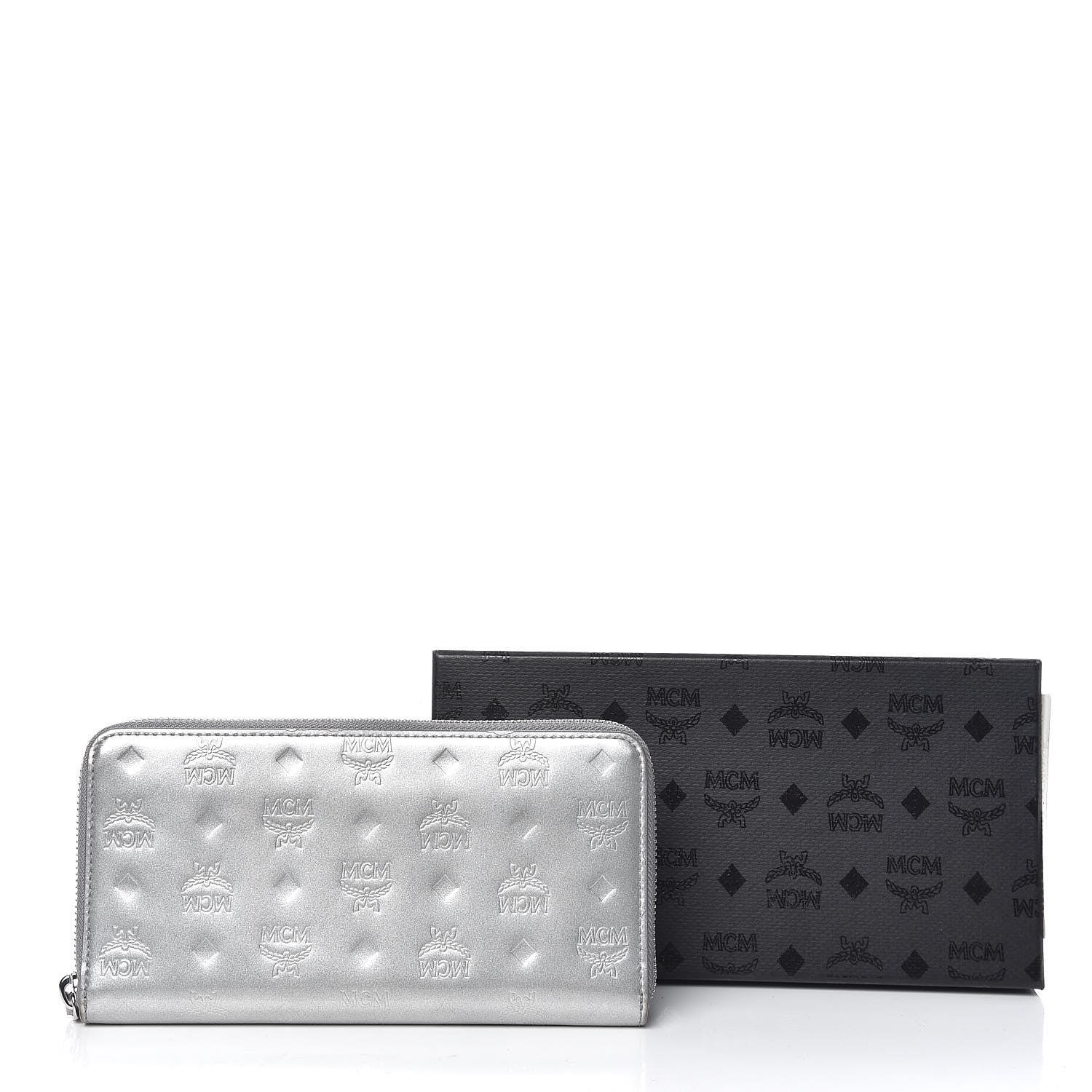 MCM Metallic Monogram Patent Large Zip Around Wallet Silver 10 of 10