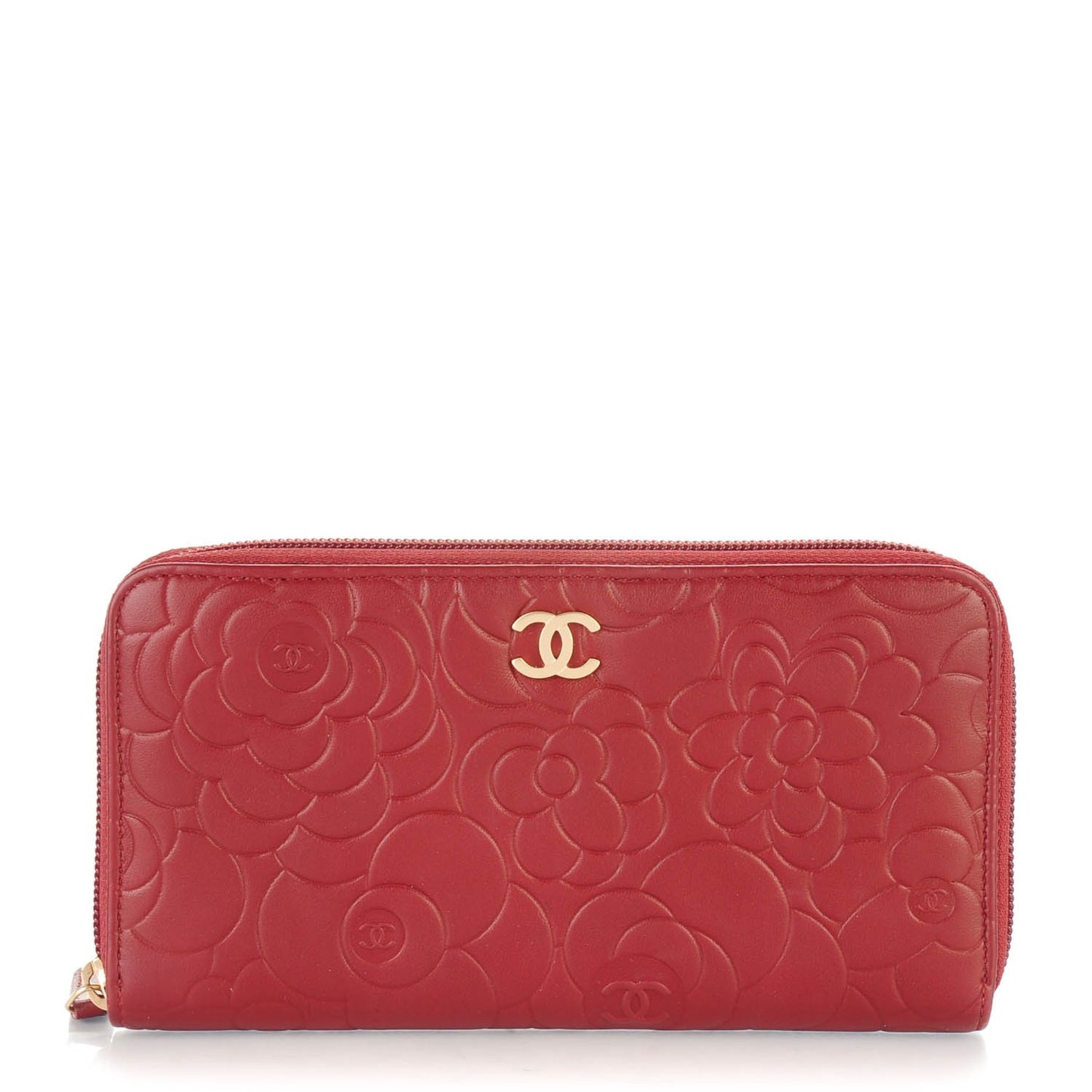 Lambskin Camellia Embossed Large Gusset Zip Around Wallet Red