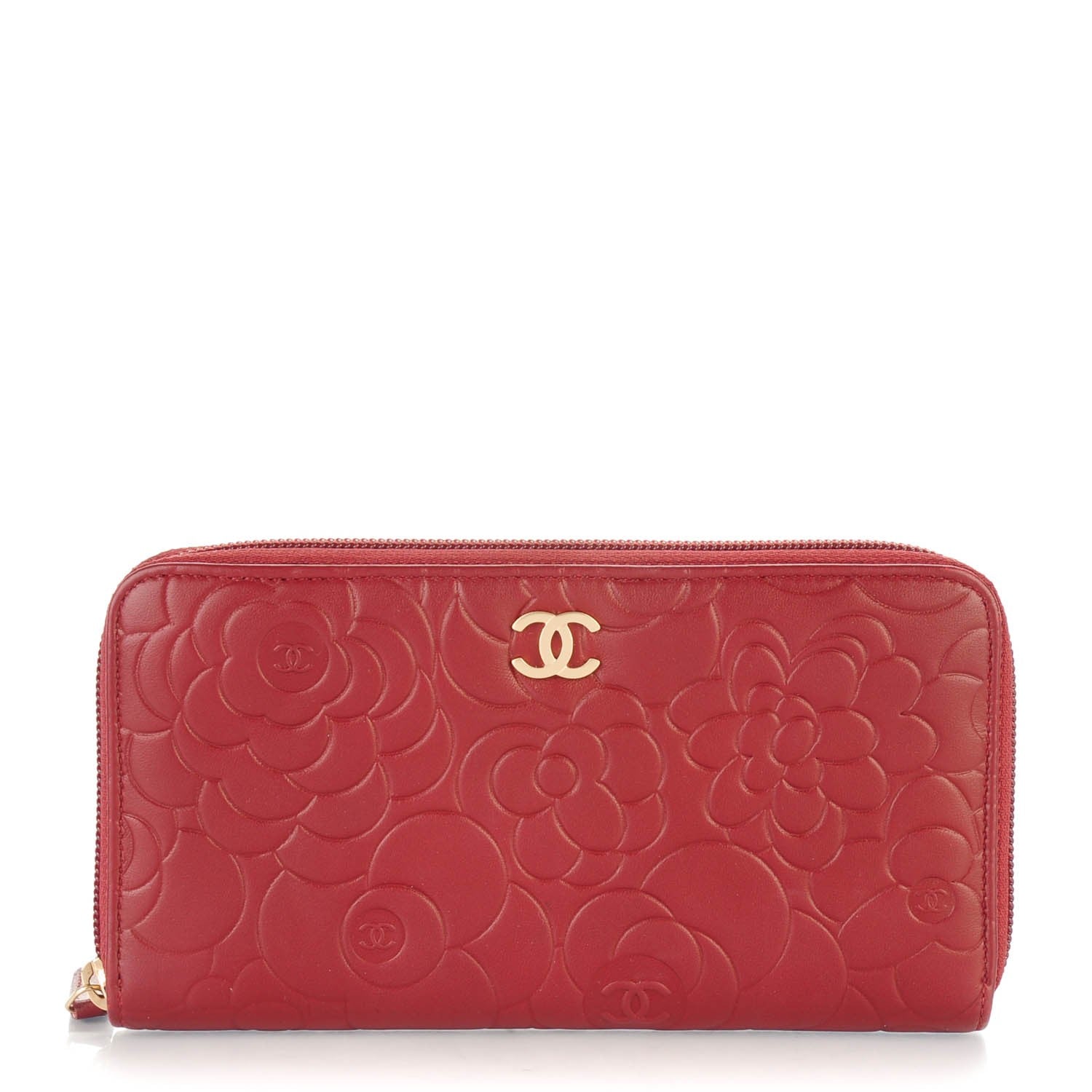Chanel Lambskin Camellia Embossed Large Gusset Zip Around Wallet Red 1 of 9