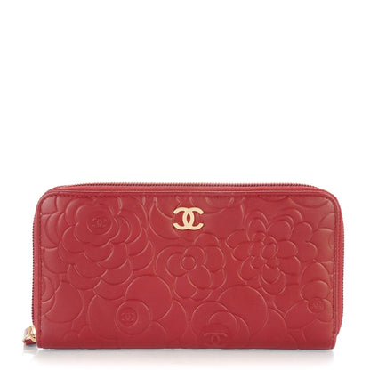 Chanel Lambskin Camellia Embossed Large Gusset Zip Around Wallet Red 1 of 9