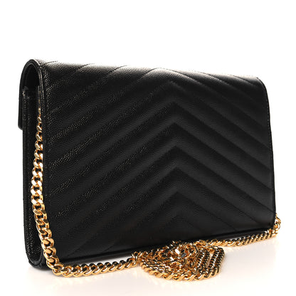 Saint Laurent Grain De Poudre Matelasse Chevron Monogram Chain Wallet Black 3 of 13