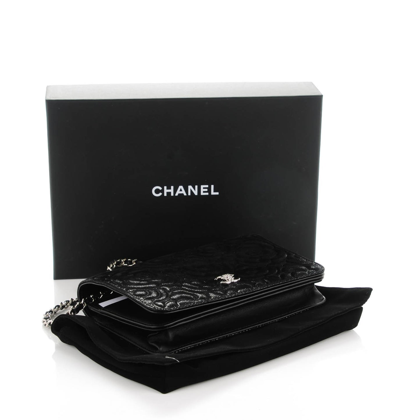 Iridescent Calfskin Camellia Embossed Wallet on Chain WOC Black