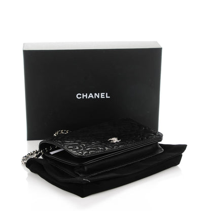 Chanel Iridescent Calfskin Camellia Embossed Wallet on Chain WOC Black 4 of 8