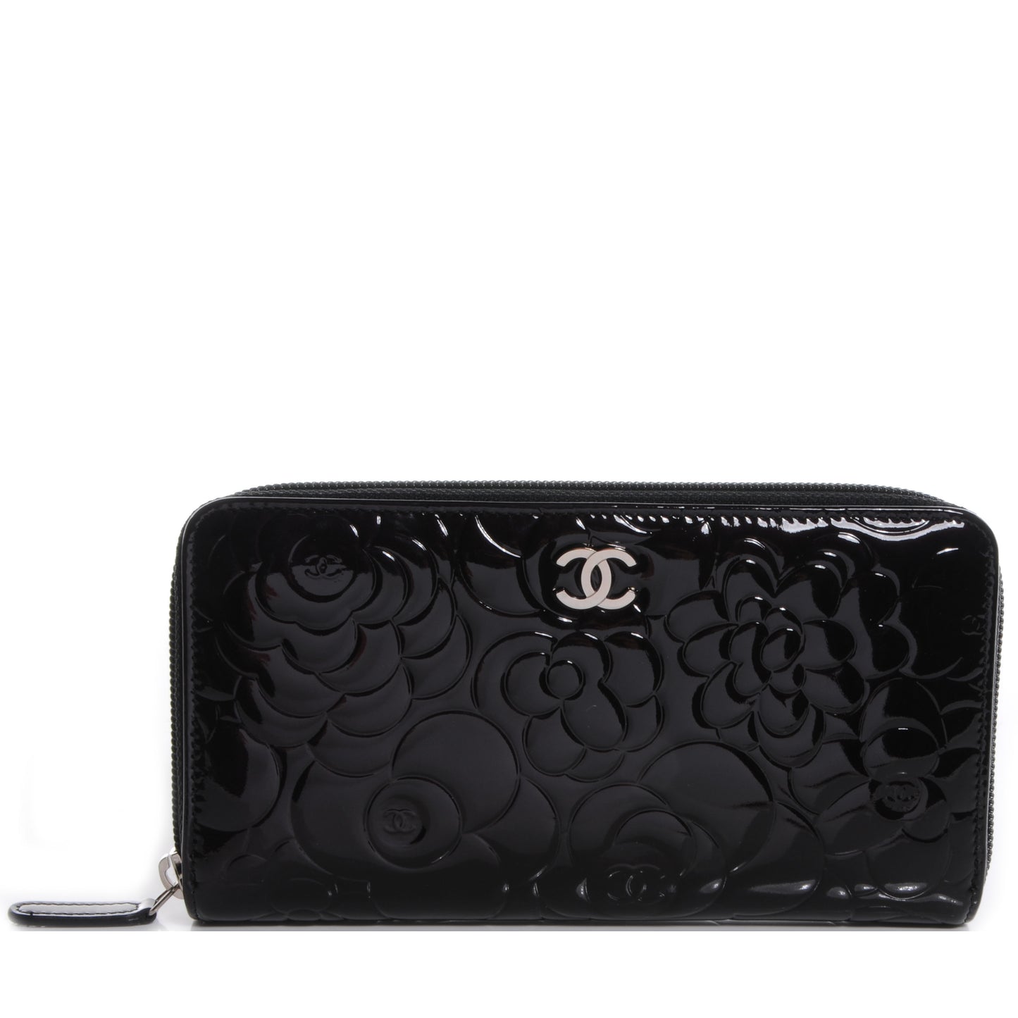 Patent Camellia Embossed Large Gusset Zip Wallet Black