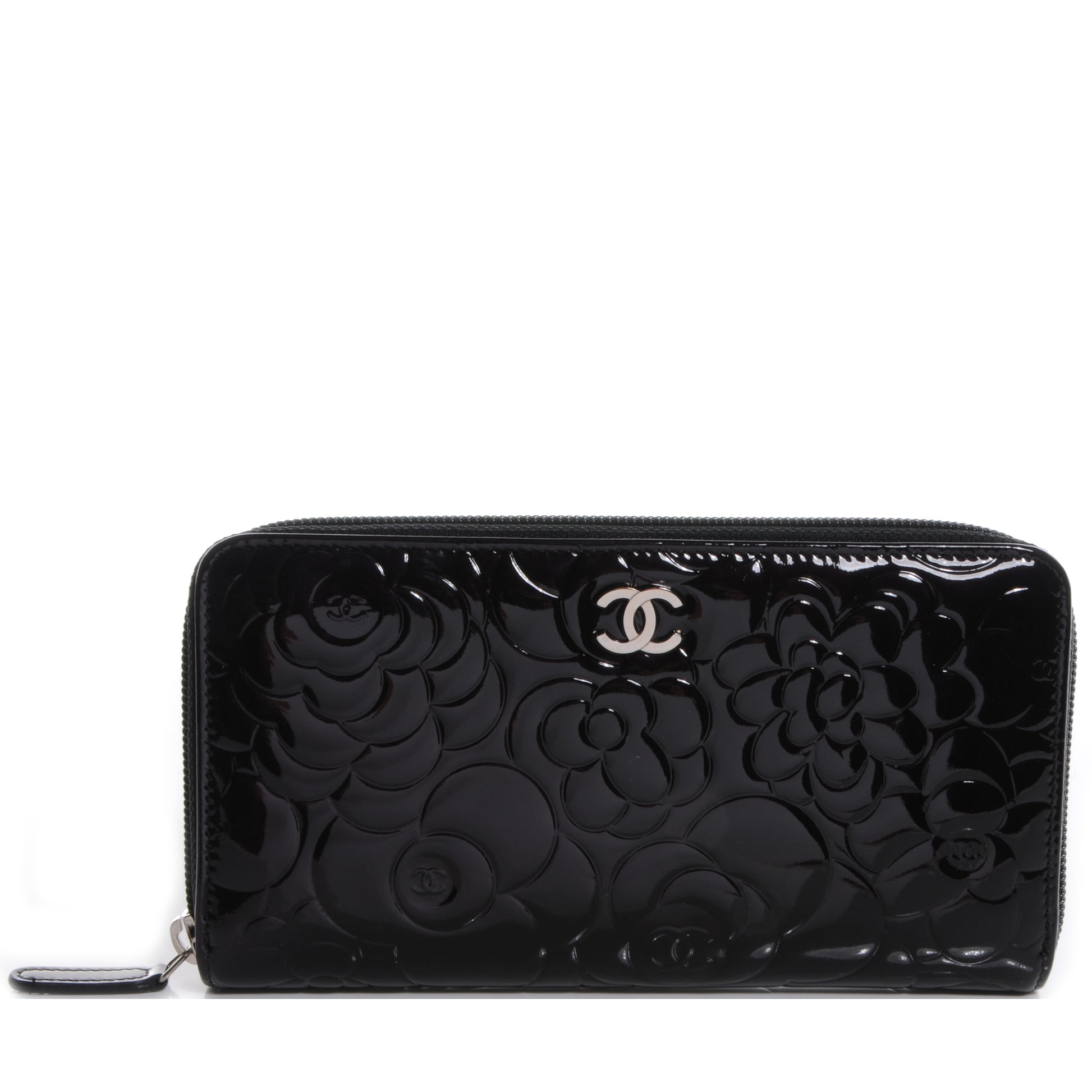 Chanel Patent Camellia Embossed Large Gusset Zip Wallet Black 1 of 9