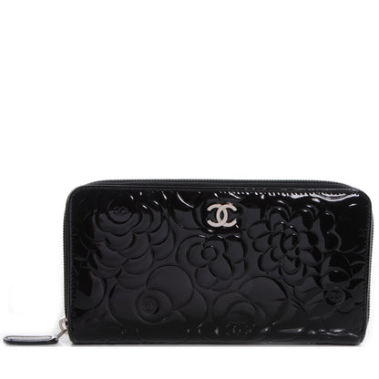 Chanel Patent Camellia Embossed Large Gusset Zip Wallet Black 1 of 9