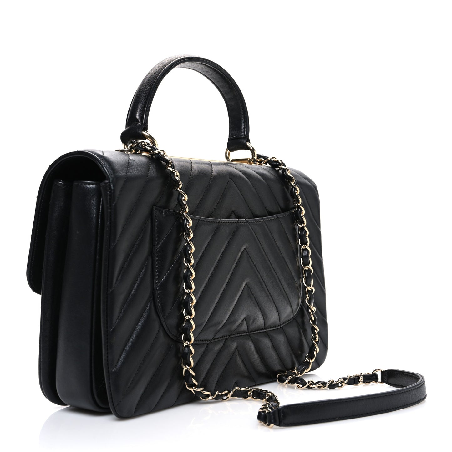 Lambskin Chevron Quilted Medium Trendy CC Dual Handle Flap Bag Black Black