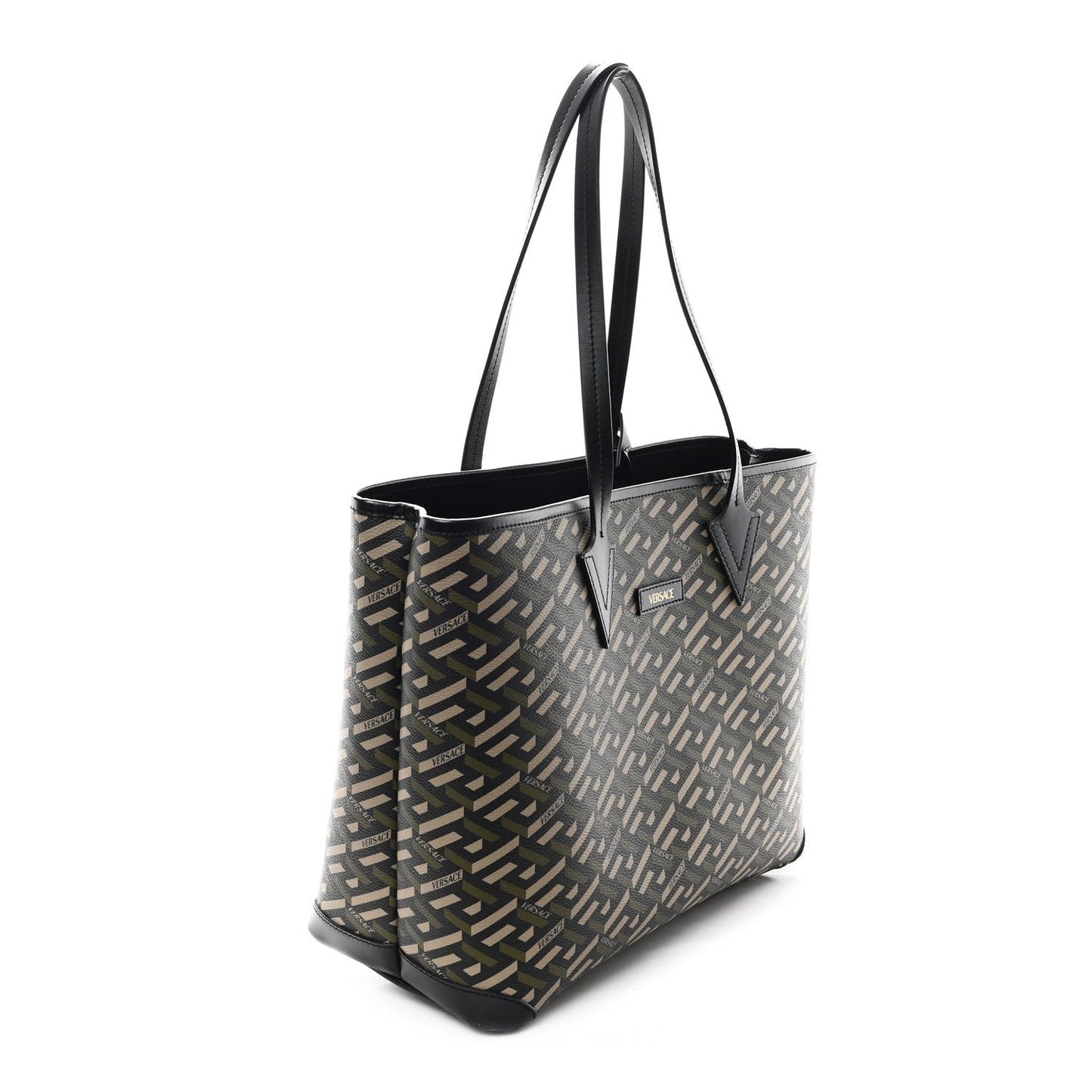 Canvas Calfskin Monogram La Greca Medusa Tote Black Khaki