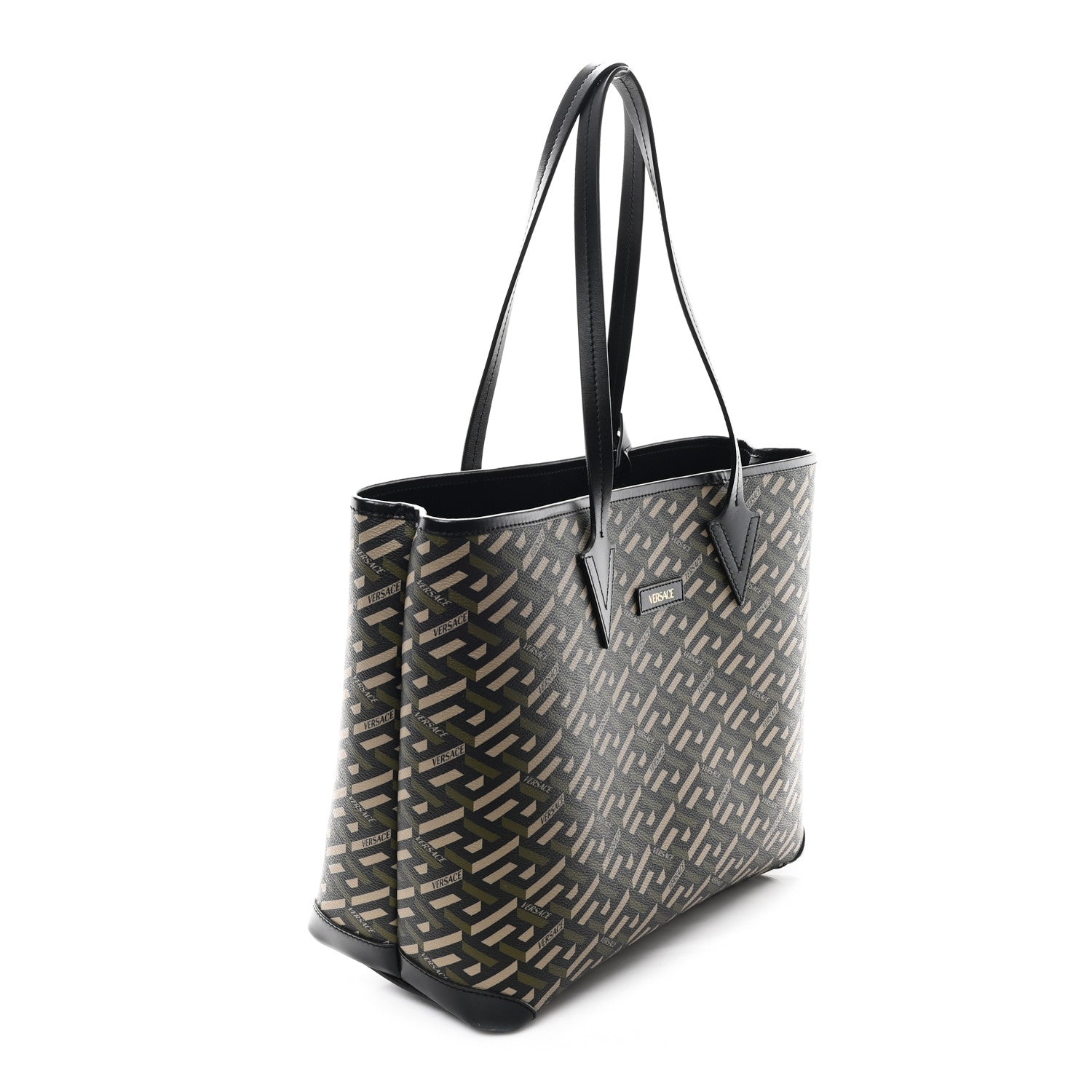 Versace Canvas Calfskin Monogram La Greca Medusa Tote Black Khaki 4 of 12