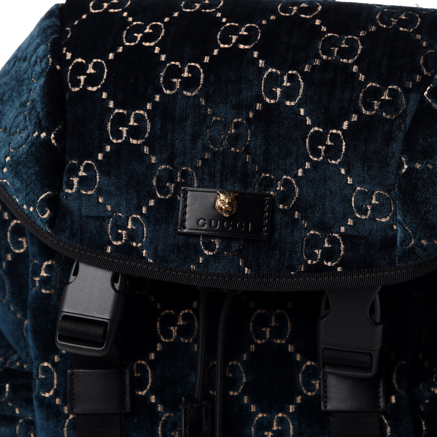 Gucci Velvet GG Monogram Web Medium Double Buckle Backpack Blue Beige Black 9 of 9