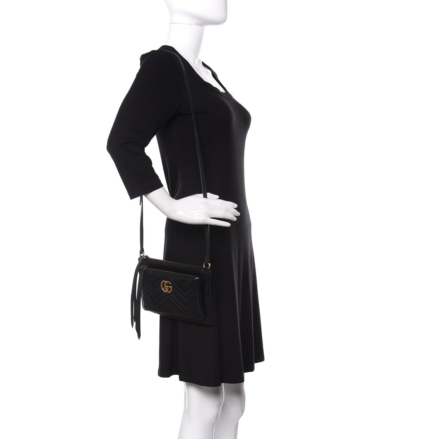 Gucci Calfskin Matelasse Small GG Marmont Double Zip Shoulder Bag Black 2 of 12