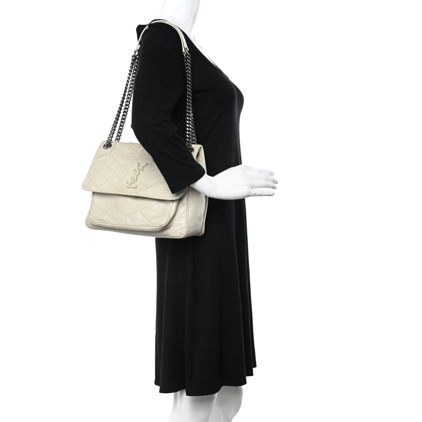 Crinkled Calfskin Matelasse Monogram Medium Niki Chain Satchel Crema Soft